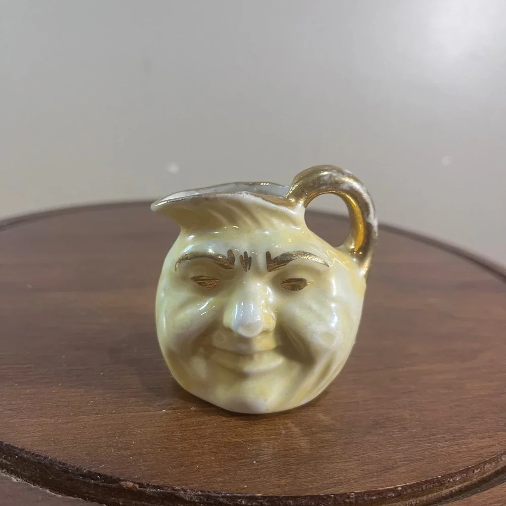 Vtg Man on Moon Face Miniature Creamer Pitcher Yellow Lustre Gold Trim 2.5